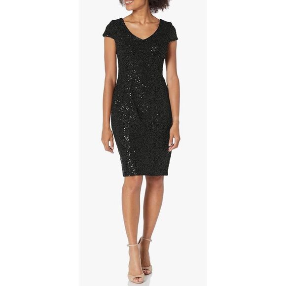 Alex Evenings Women's Knee Length V Neck Cocktail Dress - 4 - Picture 1 of 10